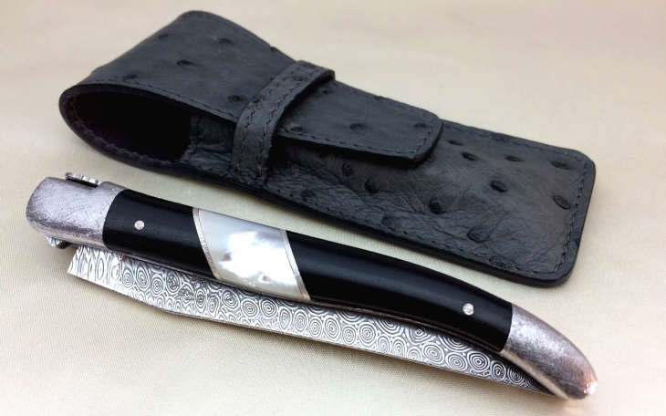 Laguiole knife coral and silver handle 925 with ivory insert of mammoth bee cisele with Amethystes