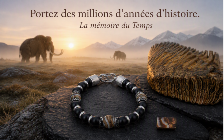 BRACELET HOMME 3 PERLES EN MOLAIRE DE MAMMOUTH ET ONYX NOIR FERMOIR ACIER
