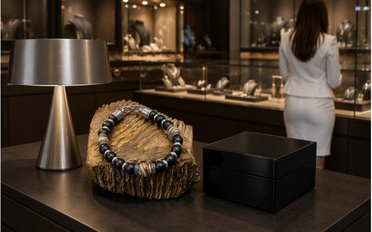 BRACELET HOMME 3 PERLES EN MOLAIRE DE MAMMOUTH ET ONYX NOIR FERMOIR ACIER