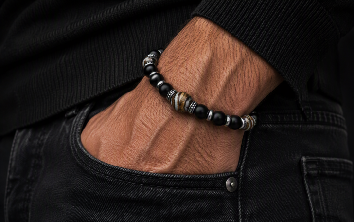 BRACELET HOMME 3 PERLES EN MOLAIRE DE MAMMOUTH ET ONYX NOIR FERMOIR ACIER