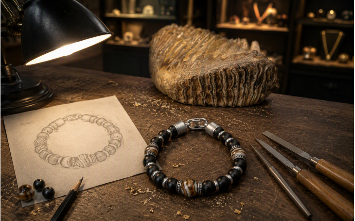 BRACELET HOMME 3 PERLES EN MOLAIRE DE MAMMOUTH ET ONYX NOIR FERMOIR ACIER