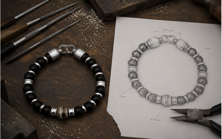 BRACELET HOMME PERLE EN MOLAIRE DE MAMMOUTH ET ONYX NOIR FERMOIR ACIER