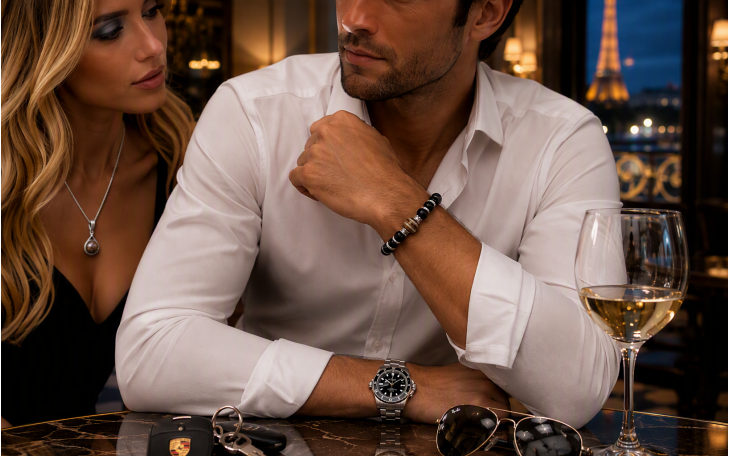 BRACELET HOMME PERLE EN MOLAIRE DE MAMMOUTH ET ONYX NOIR FERMOIR ACIER