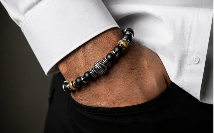 BRACELET HOMME PERLES EN ARGENT 925  MOLAIRE DE MAMMOUTH ET ONYX NOIR