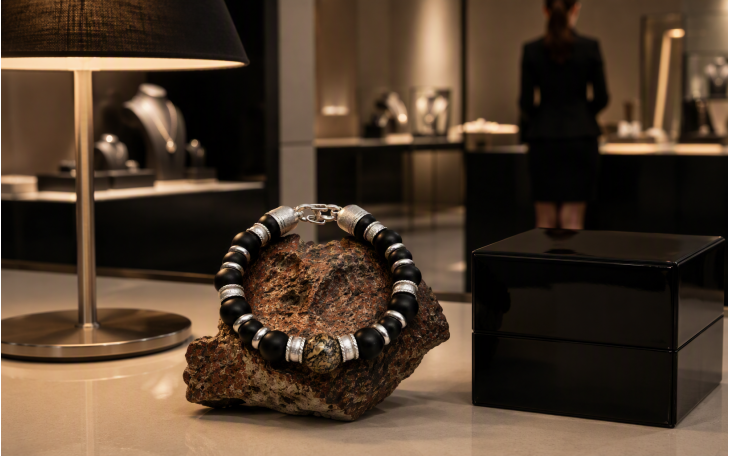 MEN'S PRECIOUS PEARL BRACELET IN AGATIZED DINOSAUR BONE AND BLACK ONYX