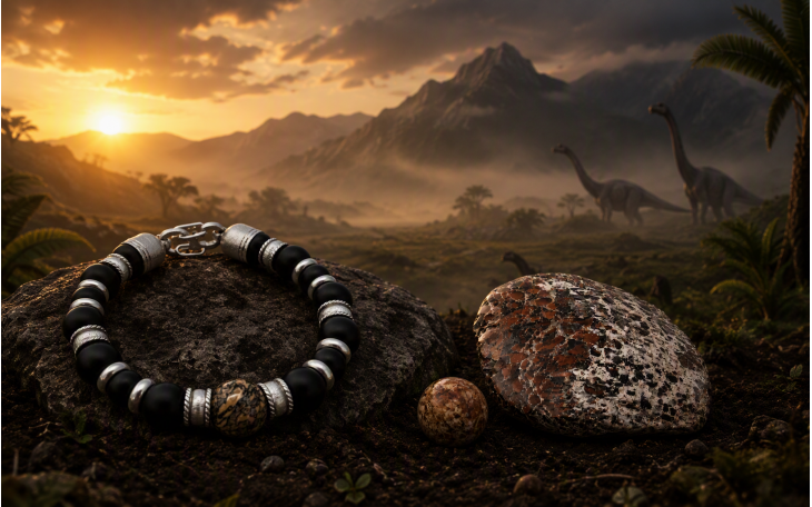 MEN'S PRECIOUS PEARL BRACELET IN AGATIZED DINOSAUR BONE AND BLACK ONYX
