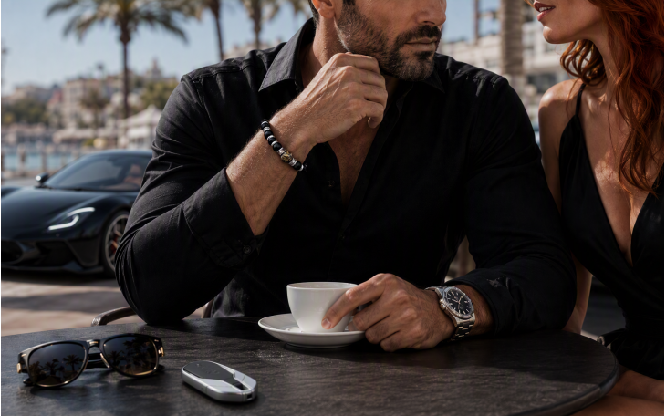 MEN'S PRECIOUS PEARL BRACELET IN AGATIZED DINOSAUR BONE AND BLACK ONYX