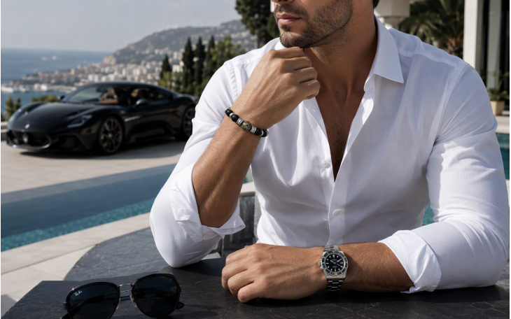 MEN'S PRECIOUS PEARL BRACELET IN AGATIZED DINOSAUR BONE AND BLACK ONYX
