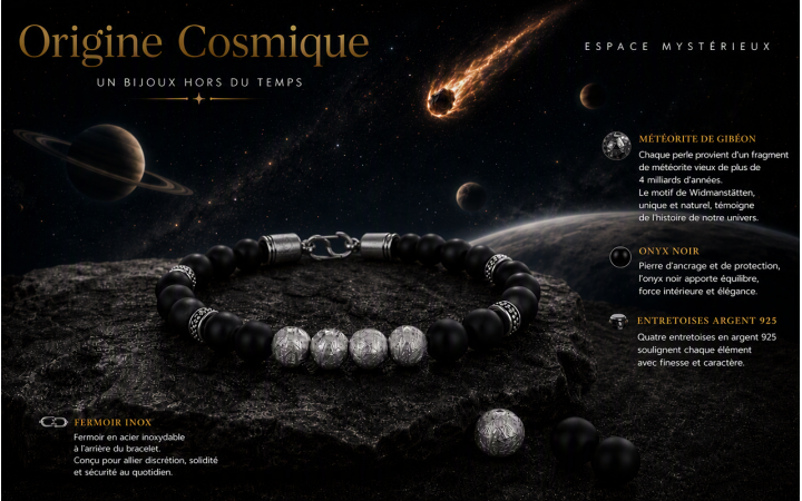BRACELET HOMME EN METEORITE DE GIBEON ARGENT 925 ET ONYX NOIR FERMOIR ACIER