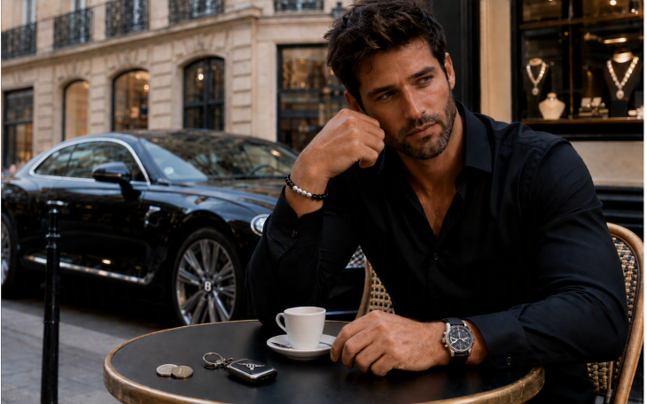 BRACELET HOMME EN METEORITE DE GIBEON ARGENT 925 ET ONYX NOIR FERMOIR ACIER
