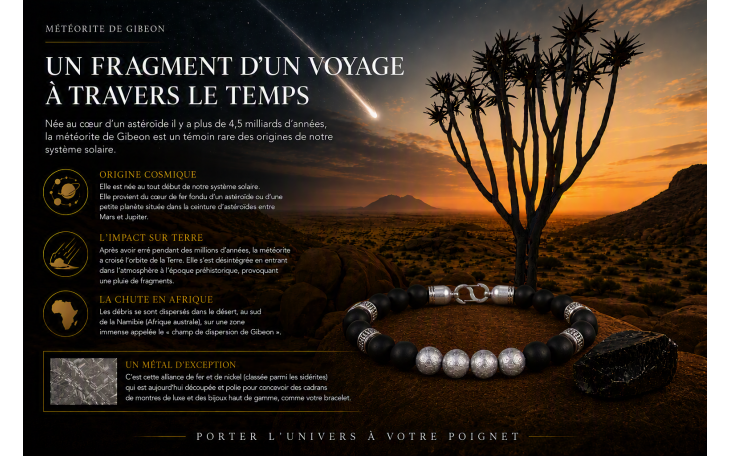 BRACELET HOMME EN METEORITE DE GIBEON ARGENT 925 ET ONYX NOIR FERMOIR ACIER