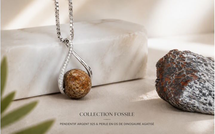 PENDENTIF FEMME AVEC PERLE EN OS DE DINOSAURE FOSSILE ET ARGENT MASSIF 925e