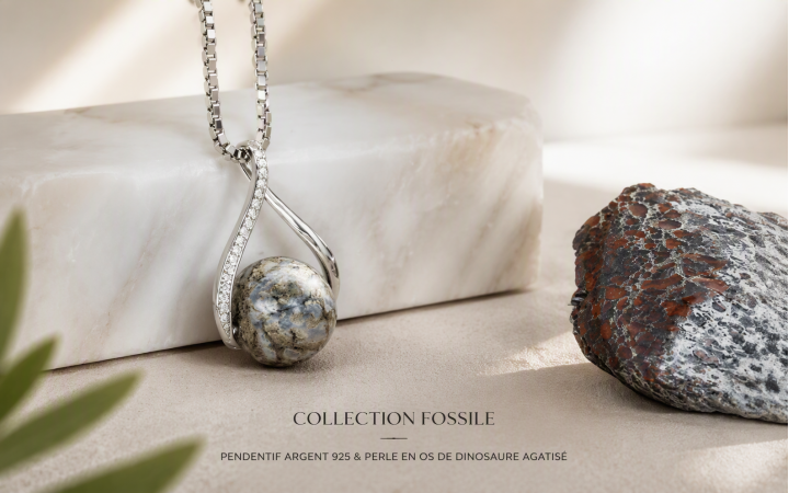 PENDENTIF FEMME AVEC PERLE EN OS DE DINOSAURE FOSSILE ET ARGENT MASSIF 925e