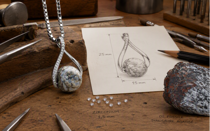 PENDENTIF FEMME AVEC PERLE EN OS DE DINOSAURE FOSSILE ET ARGENT MASSIF 925e