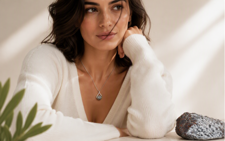 PENDENTIF FEMME AVEC PERLE EN OS DE DINOSAURE FOSSILE ET ARGENT MASSIF 925e