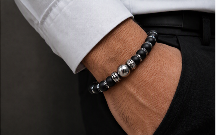 MEN'S BRACELET AEROSPACE TITANIUM PEARL AND BLACK ONYX STEEL CLASP