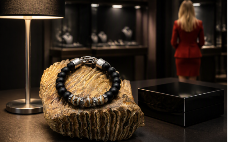 BRACELET HOMME PERLES EN MOLAIRE DE MAMMOUTH ET ONYX NOIR FERMOIR ACIER