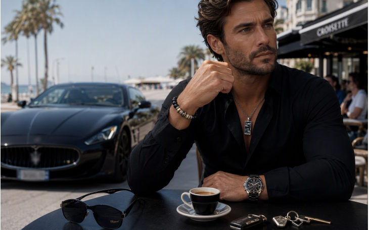 BRACELET HOMME PERLES EN MOLAIRE DE MAMMOUTH ET ONYX NOIR FERMOIR ACIER