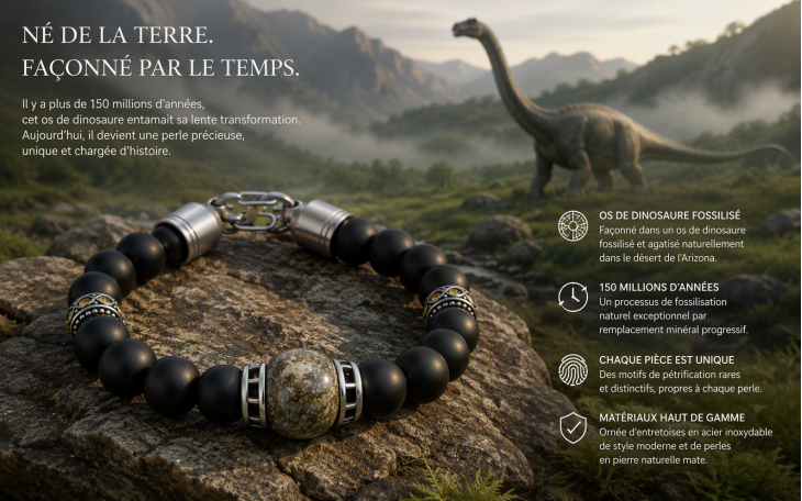 BRACELET HOMME PERLE EN OS DE DINOSAURE ZIRCONIUM ORANGE ET ONYX NOIR