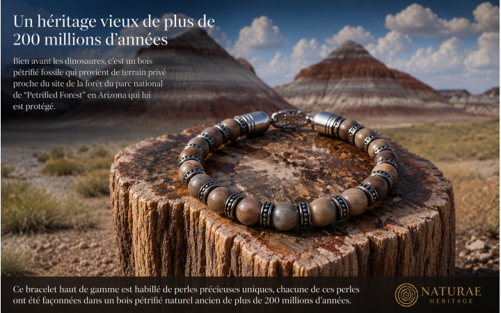 BRACELET HOMME OU FEMME MODELE PIECE UNIQUE EN BOIS PETRIFIE CLAIR D'ARIZONA 