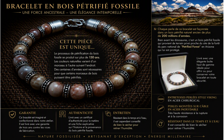 BRACELET HOMME OU FEMME MODELE PIECE UNIQUE EN BOIS PETRIFIE CLAIR D'ARIZONA 