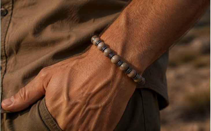 BRACELET HOMME OU FEMME MODELE PIECE UNIQUE EN BOIS PETRIFIE CLAIR D'ARIZONA 