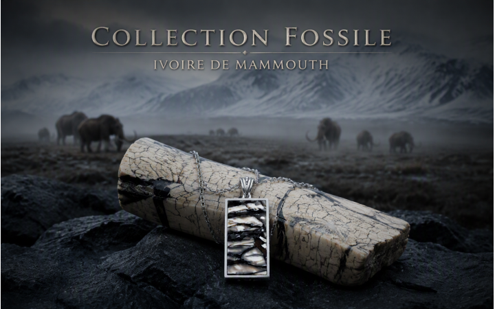 PENDENTIF EN IVOIRE NATUREL DE MAMMOUTH FOSSILE ET CHAINE ACIER INOX