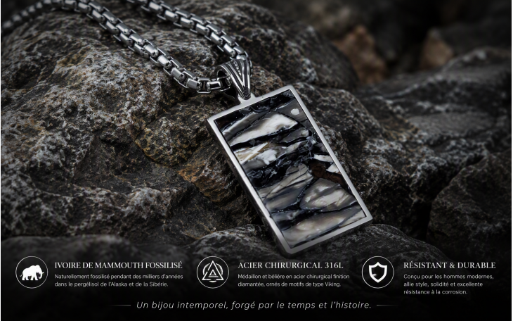 PENDENTIF EN IVOIRE NATUREL DE MAMMOUTH FOSSILE ET CHAINE ACIER INOX