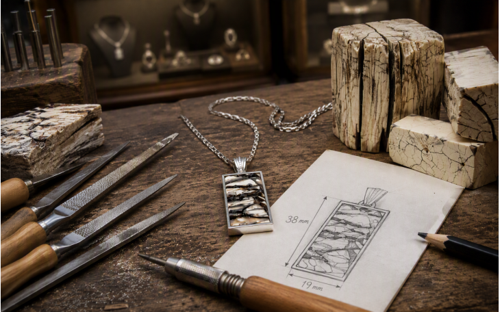 PENDENTIF EN IVOIRE NATUREL DE MAMMOUTH FOSSILE ET CHAINE ACIER INOX