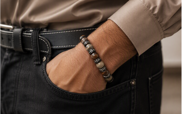 MEN'S PRECIOUS PEARL BRACELET IN AGATIZED DINOSAUR BONE AND BLACK ONYX