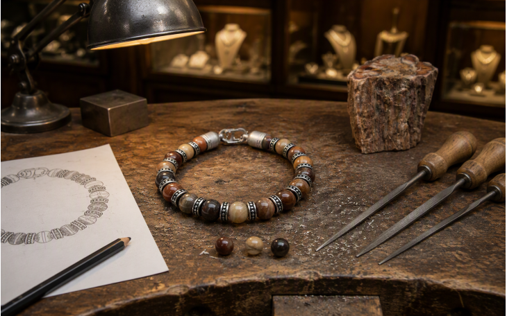 MEN'S PRECIOUS PEARL BRACELET IN AGATIZED DINOSAUR BONE AND BLACK ONYX