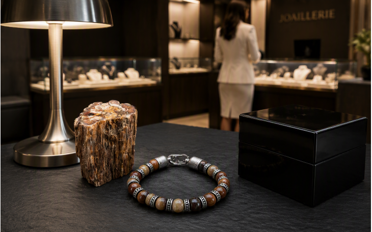 MEN'S PRECIOUS PEARL BRACELET IN AGATIZED DINOSAUR BONE AND BLACK ONYX