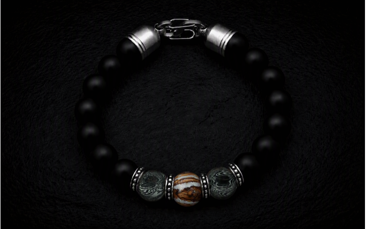 BRACELET HOMME PERLES CENTRALE EN MOLAIRE DE MAMMOUTH ACIER DAMAS ET PIERRE NATURELLE D'ONYX