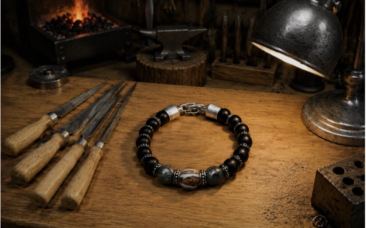 BRACELET HOMME PERLES CENTRALE EN MOLAIRE DE MAMMOUTH ACIER DAMAS ET PIERRE NATURELLE D'ONYX