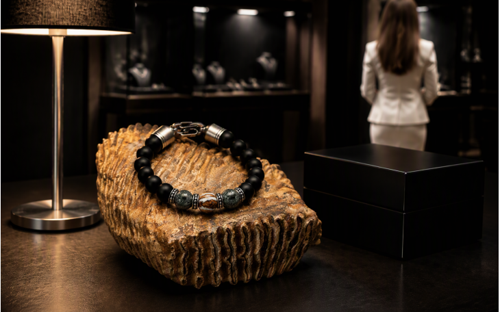 BRACELET HOMME PERLES CENTRALE EN MOLAIRE DE MAMMOUTH ACIER DAMAS ET PIERRE NATURELLE D'ONYX