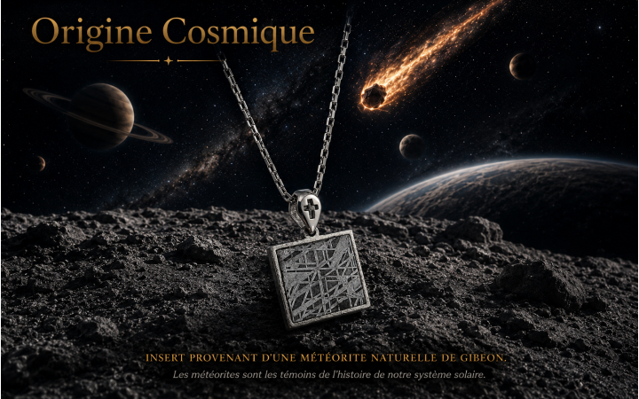 PENDENTIF CARRE EN METEORITE DE GIBEON BELIERE ET CHAINE ACIER INOX