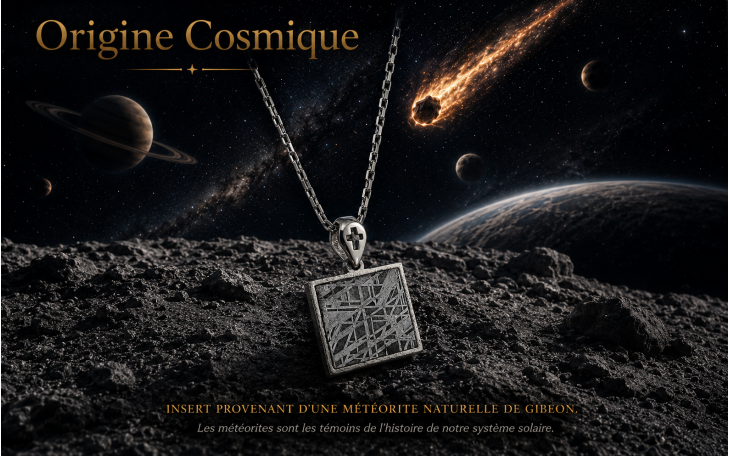PENDENTIF CARRE EN METEORITE DE GIBEON BELIERE ET CHAINE ACIER INOX