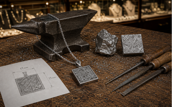 PENDENTIF CARRE EN METEORITE DE GIBEON BELIERE ET CHAINE ACIER INOX