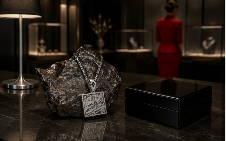 PENDENTIF CARRE EN METEORITE DE GIBEON BELIERE ET CHAINE ACIER INOX