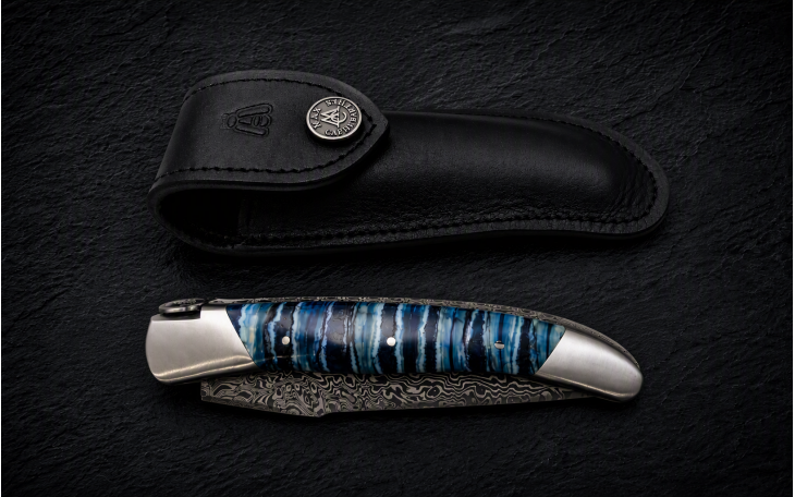 COUTEAU D'ART CL02 MANCHE MOLAIRE DE MAMMOUTH BLEU FEUILLE DE CHENE