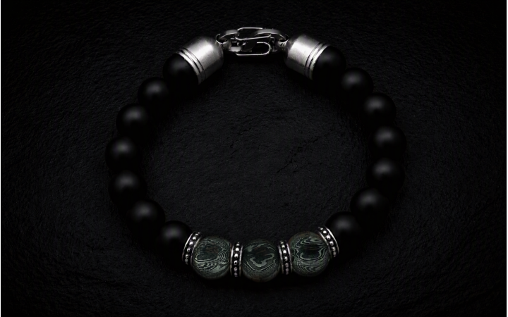 BRACELET HOMME PERLE ACIER DAMAS ET PERLE ONYX NOIR FERMOIR ACIER CHIRURGICAL