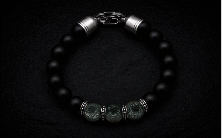 BRACELET HOMME PERLE ACIER DAMAS ET PERLE ONYX NOIR FERMOIR ACIER CHIRURGICAL
