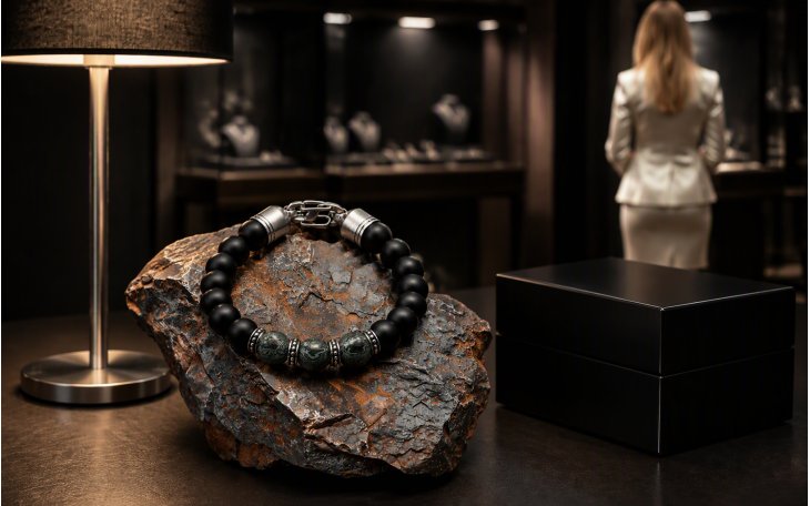 BRACELET HOMME PERLE EN  ACIER DAMAS  ET ONYX FERMOIR ACIER