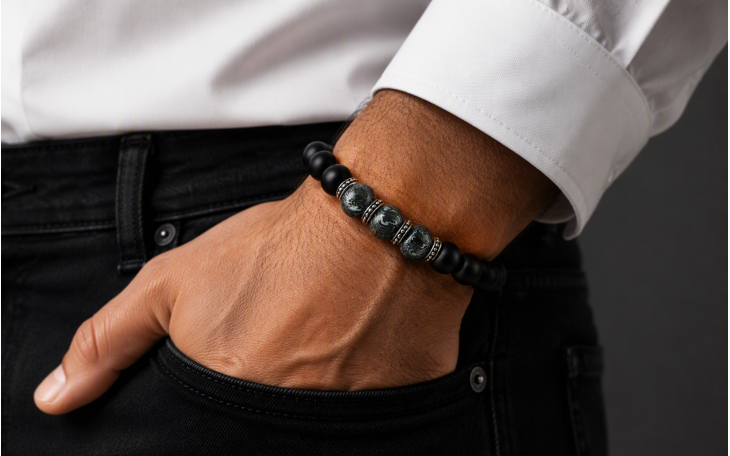 BRACELET HOMME PERLE EN  ACIER DAMAS  ET ONYX FERMOIR ACIER