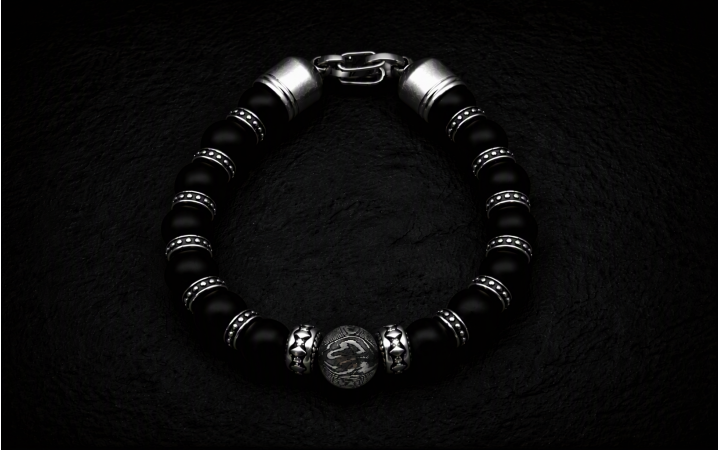 BRACELET HOMME PERLE CENTRALE EN ACIER DAMAS FORGE ET EN PIERRE NATURELLE D'ONYX