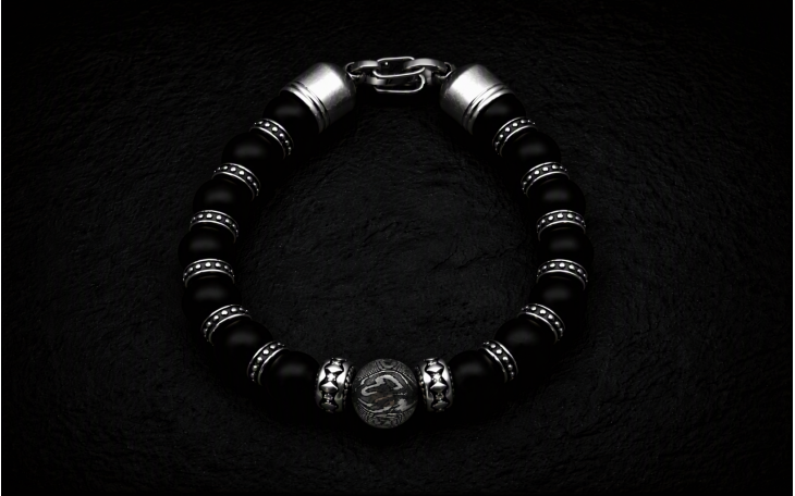 BRACELET HOMME PERLE CENTRALE ACIER DAMAS FORGE ET ONYX NOIR FERMOIR ACIER CHIRURGICAL