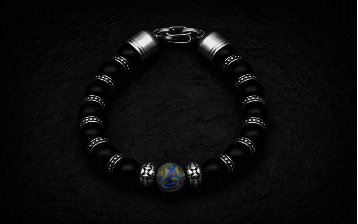 BRACELET HOMME PERLE CENTRALE EN DAMAS TITANE ET EN PIERRE NATURELLE D'ONYX