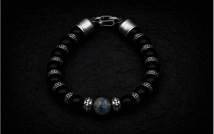 BRACELET HOMME PERLE DAMAS TITANE ET ONYX NOIR FERMOIR ACIER CHIRURGICAL