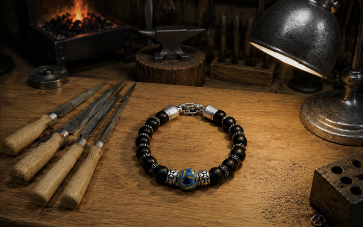 BRACELET HOMME PERLE DAMAS TITANE ET ONYX NOIR FERMOIR ACIER CHIRURGICAL