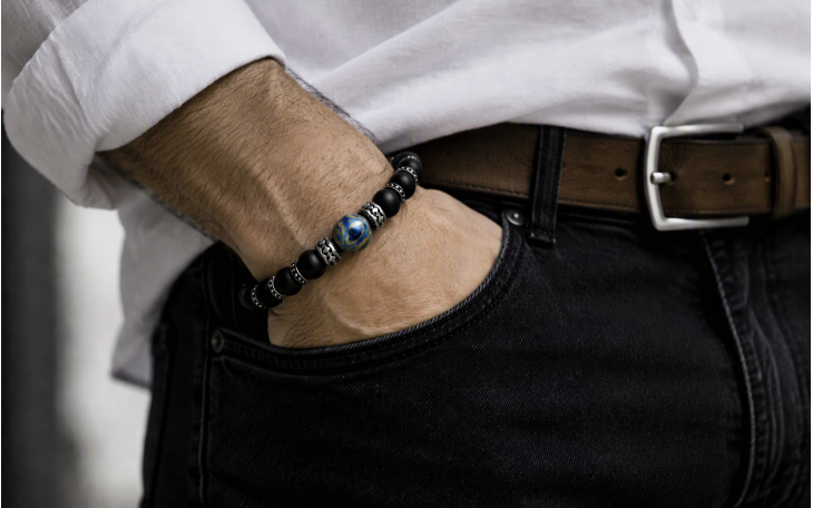 BRACELET HOMME PERLE DAMAS TITANE ET ONYX NOIR FERMOIR ACIER CHIRURGICAL